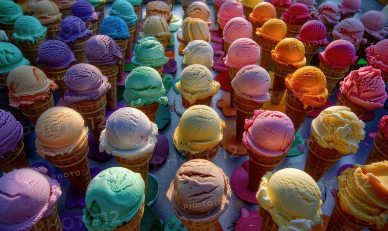 Colorful assortment of ice cream cones on the shop showcase. Colorful ice cream background AI generated