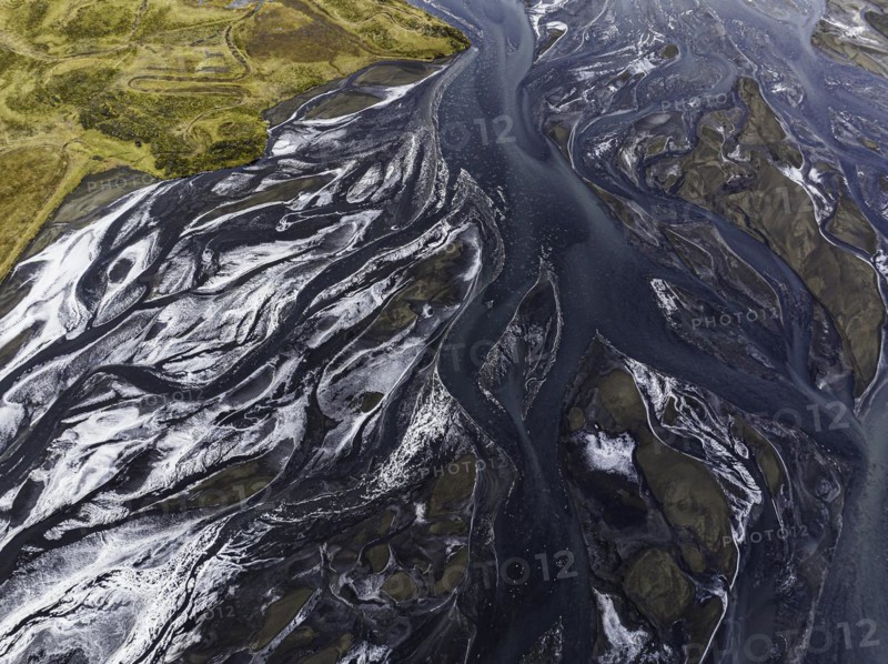 Overgrown river landscape, Eldhraun, near Kirkjubaejarklaustur, drone image, Sudurland, Iceland, Europe