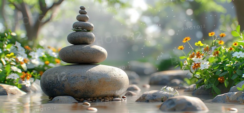 A rock tower balanced in a zen garden with morning dew and flowers, image depicting relaxation, recreation, serenity, naturalness, meditation, enjoyment concepts, AI generated