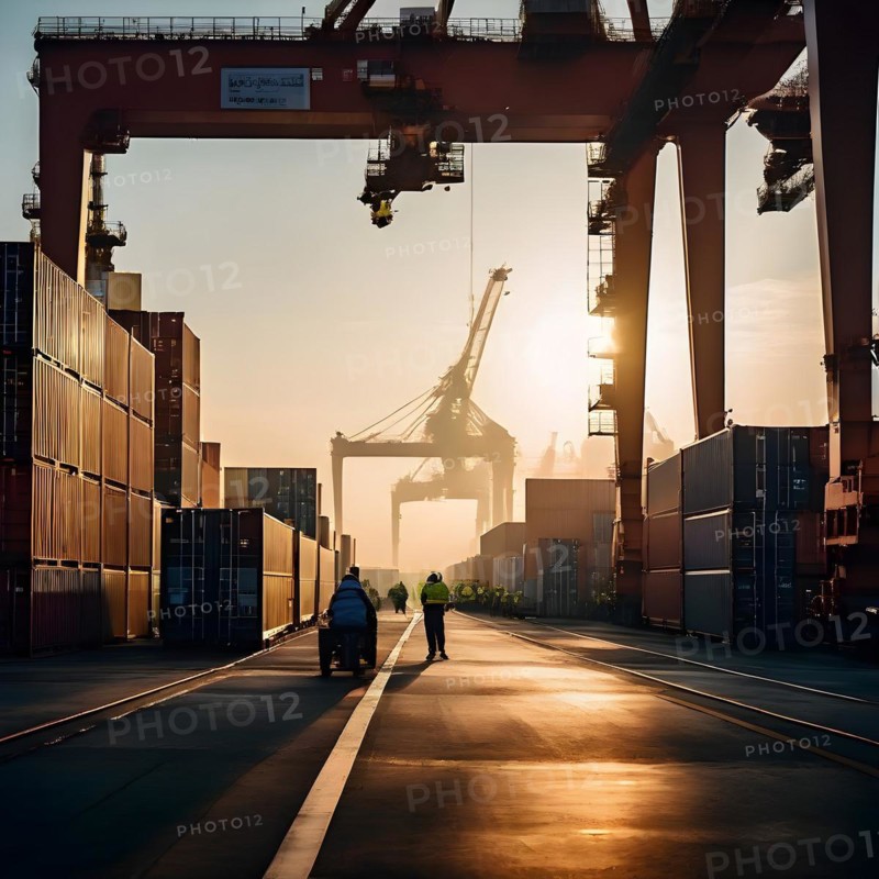 Bustling container terminal capturing the scene from the inner depths as colossal cranes, AI generated