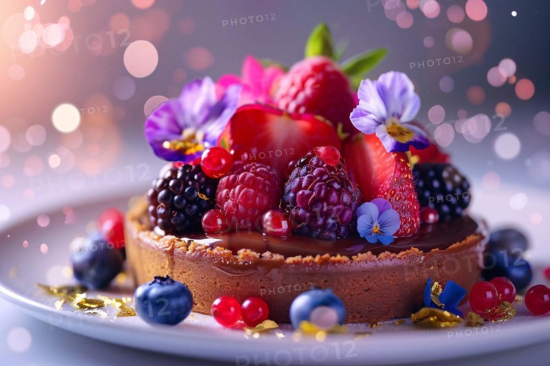 A vibrant berry tart adorned with flowers set against a sparkling background, AI generated