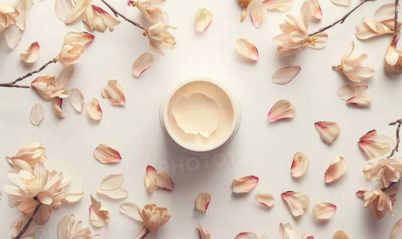 Creme jar blank mockup surrounded by delicate flower petals AI generated