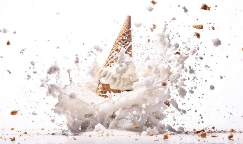 Ice cream cone explosion on white background AI generated