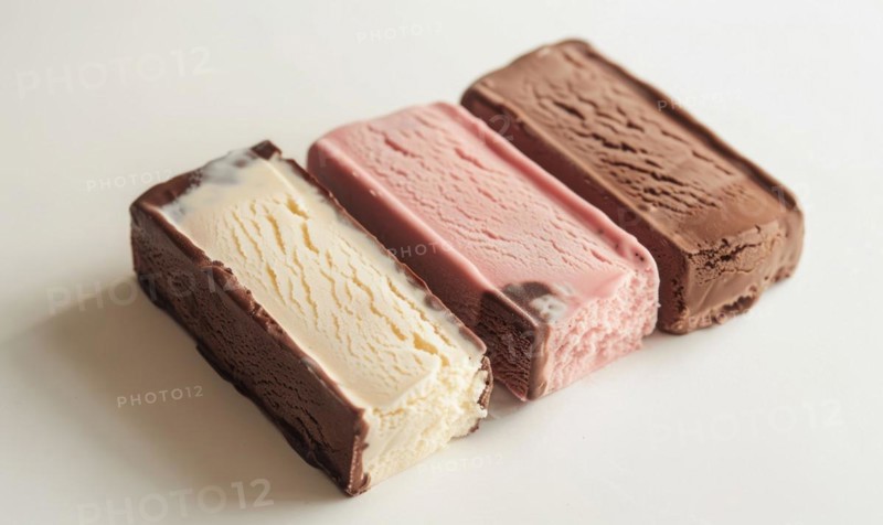 Three-color ice cream slices on white background AI generated