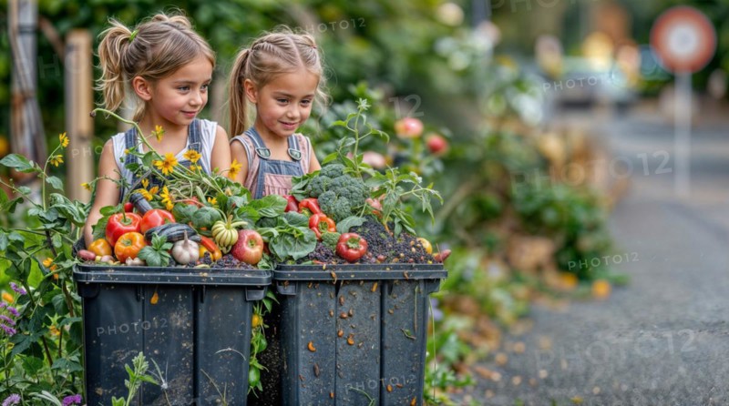 Twin girls smile admiringly at a lush urban vegetable garden in waste containers, waste separation, reduction and recycling concept, AI generated