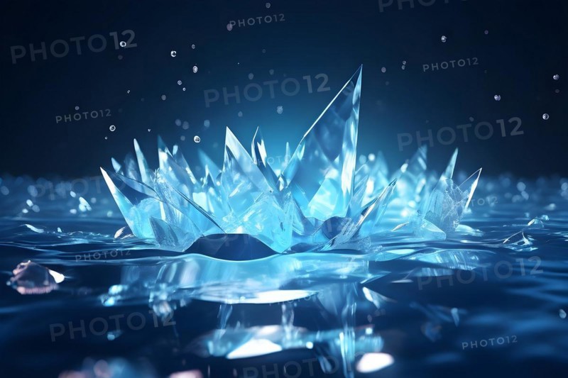 3d digital render capturing ice crystals in the midst of melting into a pool of water symbolizing global warmth, AI generated