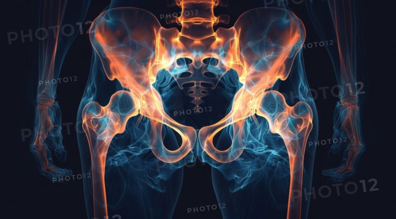 Digital representation of human pelvic bones with a blue and orange glowing effect, ai generated, AI generated