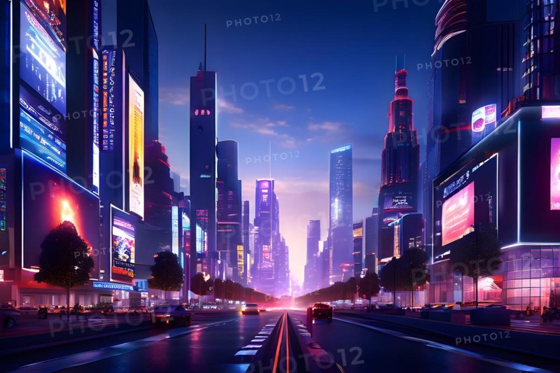 Cityscape at dusk with smart lighting systems adorn towering facades with digital billboards, AI generated