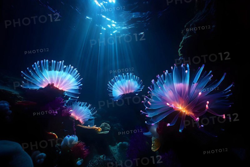 Bristle worms bioluminescent bodies floating in deep ocean, AI generated, deep sea, fish, squid, bioluminescent, glowing, light, water, ocean