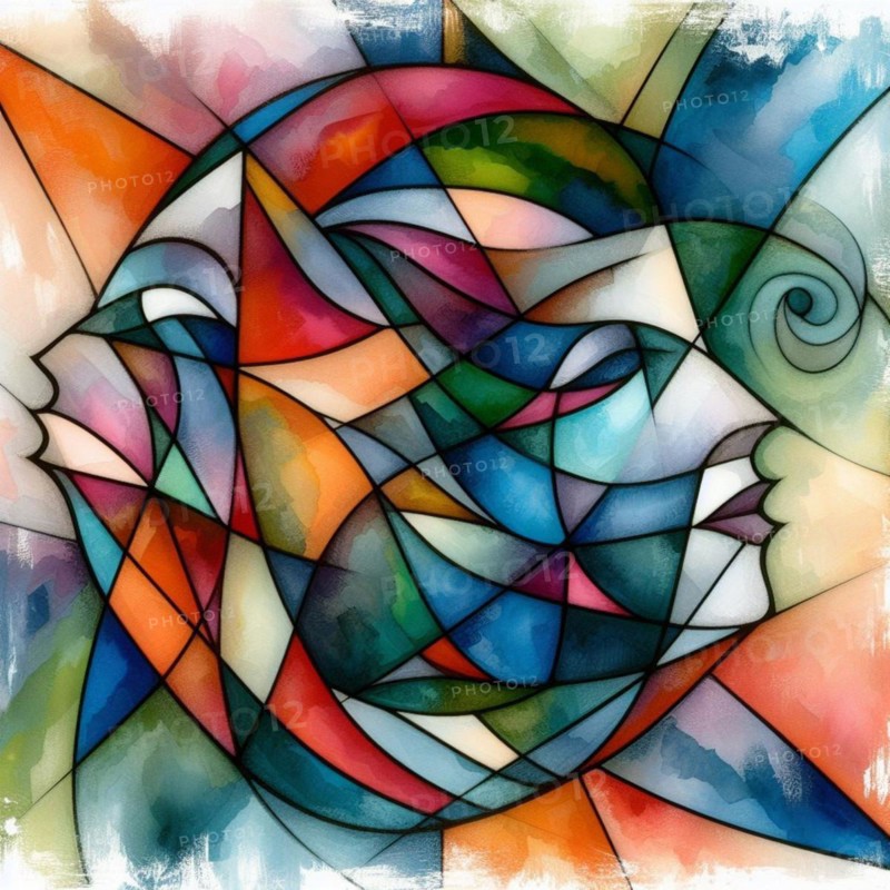 Colorful abstract cubist painting with geometric human and animal shapes and vibrant tones, square aspect, AI generated