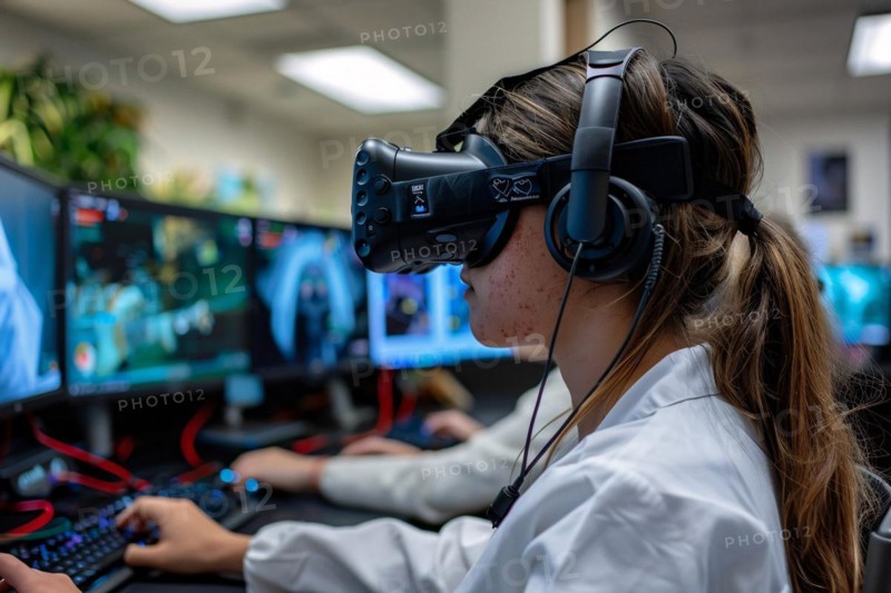 Female gamer deeply immersed in virtual reality with headset and multiple screens, AI generated