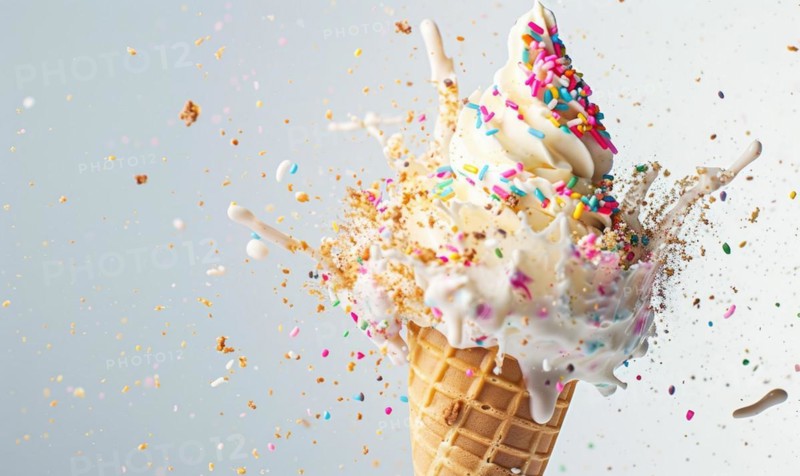 Ice cream cone explosion on white background AI generated