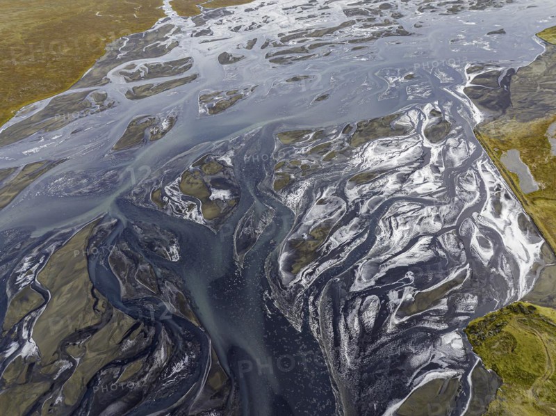 Overgrown river landscape, Eldhraun, near Kirkjubaejarklaustur, drone image, Sudurland, Iceland, Europe