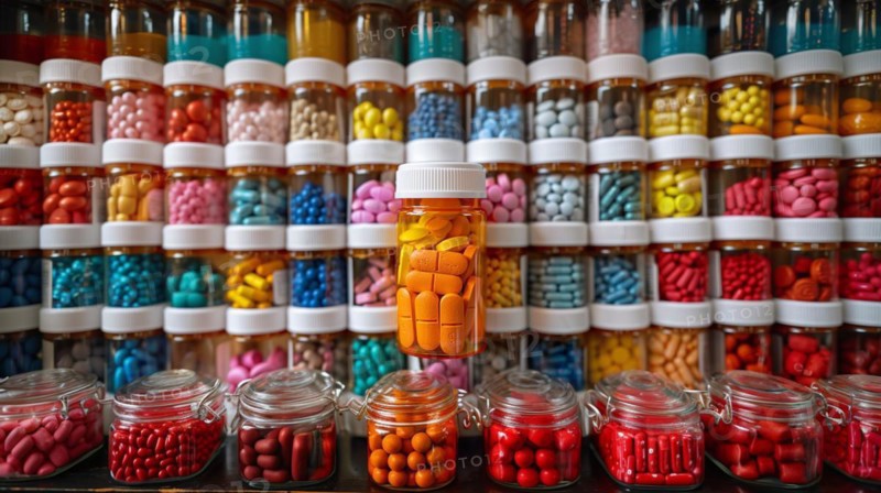 Variety of colorful pill bottles and jars in a pharmacy-like setting, AI generated