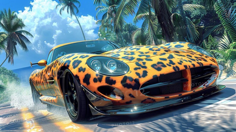 Leopard print grand tourer cruising near a sunlit beach, AI generated