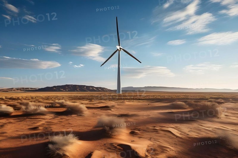 WiWind turbine standing idle in a still lifeless desert representing the challenges of transition, AI generated