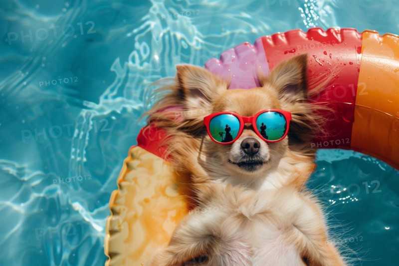 Cute Pomeranian dog with red sunglasses lying in floating tire in swimming pool water. KI generiert, generiert, AI generated