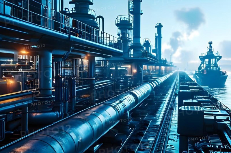 Detailed view of the intricate network of pipelines and fueling stations at a seaport, AI generated