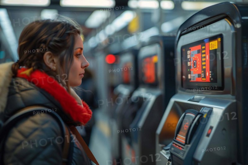 Young woman purchasing a ticket from a machine at a subway station, AI generated