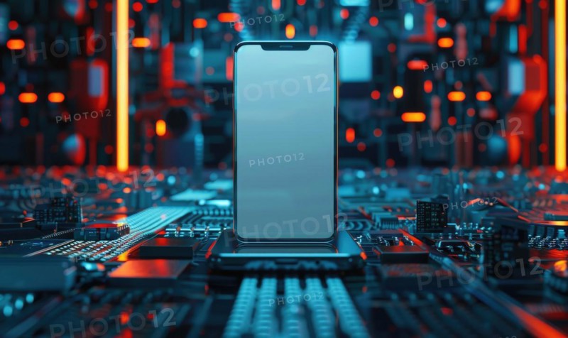 Smartphone mockup with a blank screen on a futuristic technology background AI generated