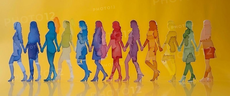 Silhouettes of women forming a color gradient from yellow to purple symbolizing progression and unity, banner 3:1 wide style, horizontal aspect ratio, AI generated