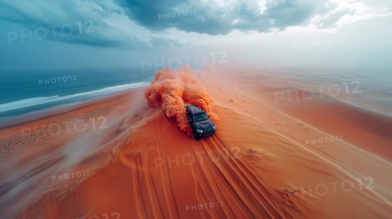 Black suv Car speeding on desert dunes, trailing vivid orange smoke, near the sea coast, ai generated, AI generated