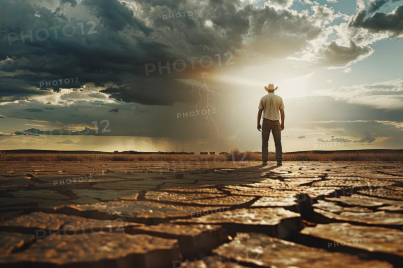 A farmer stands on a parched, cracked earth surface on the horizon a storm with heavy rain is approaching, symbolic image for water shortage, drought, extreme weather conditions, climate crisis, climate change, global warming, crop failure, crop failures, AI generated, AI generated, AI generated
