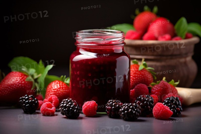Glass jar with berry fruit mix jam or marmelade on dark background. KI generiert, generiert, AI generated