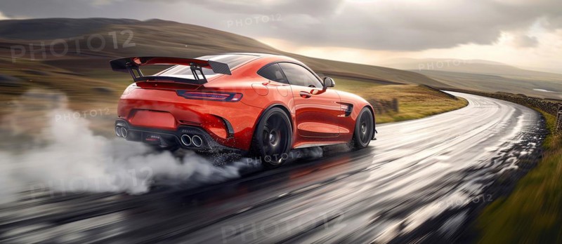 A red sports car speeding down a wet mountain road, emitting a trail of steam, preparing to drift and fishtail, action sports photography, AI generated