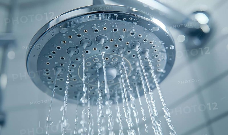 A close glimpse at water droplets flowing from a modern shower head fixture AI generated