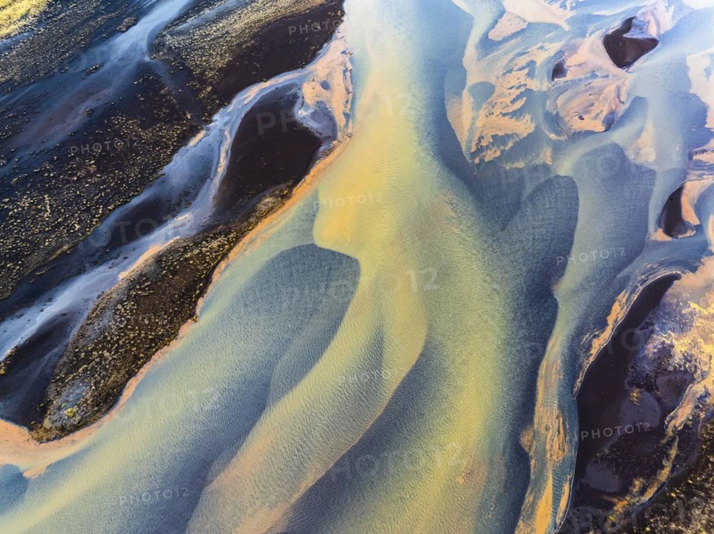 Overgrown mineralised river landscape, drone image, Landeyjasandur, Sudurland, Iceland, Europe