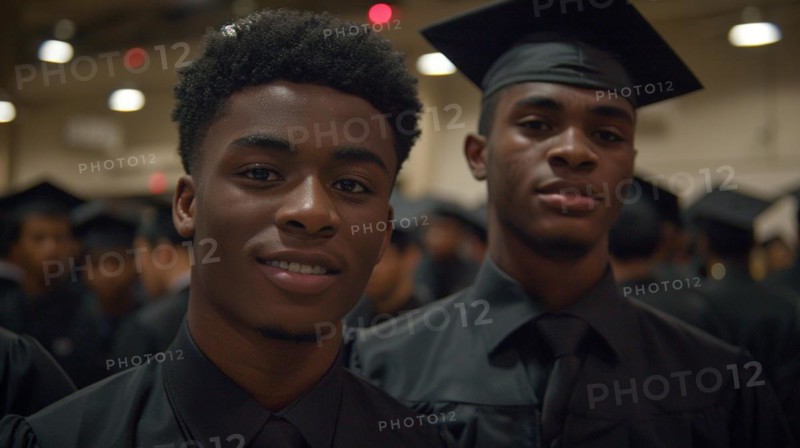 Two proud young black men wearing graduation caps and gowns, AI generated