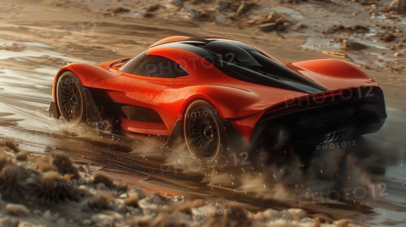 Red hypercar test desgin in dynamic off-road action, splashing through mud, AI generated