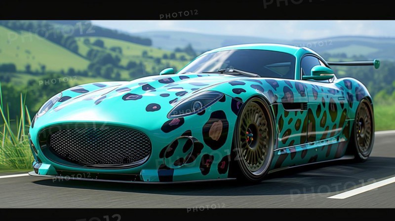 Colorful polka-dotted sports car racing through vibrant green hills under a clear sky, AI generated