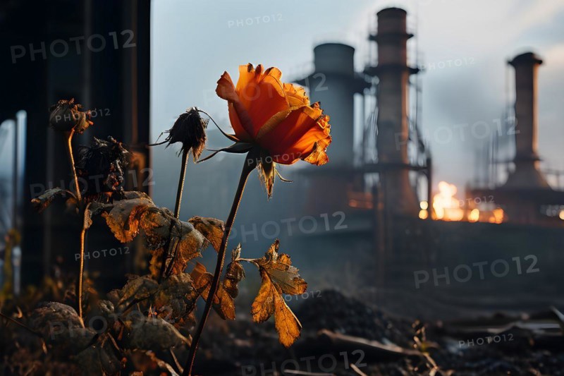 Wilted flower against a backdrop of industrial smokestacks, AI generated