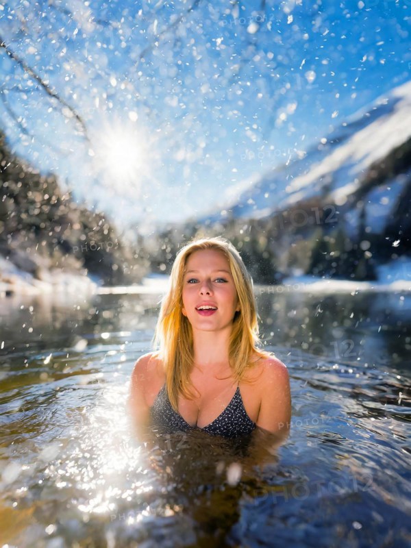 A young pretty woman bathes in an ice-cold lake in snowfall, AI generated, AI generated