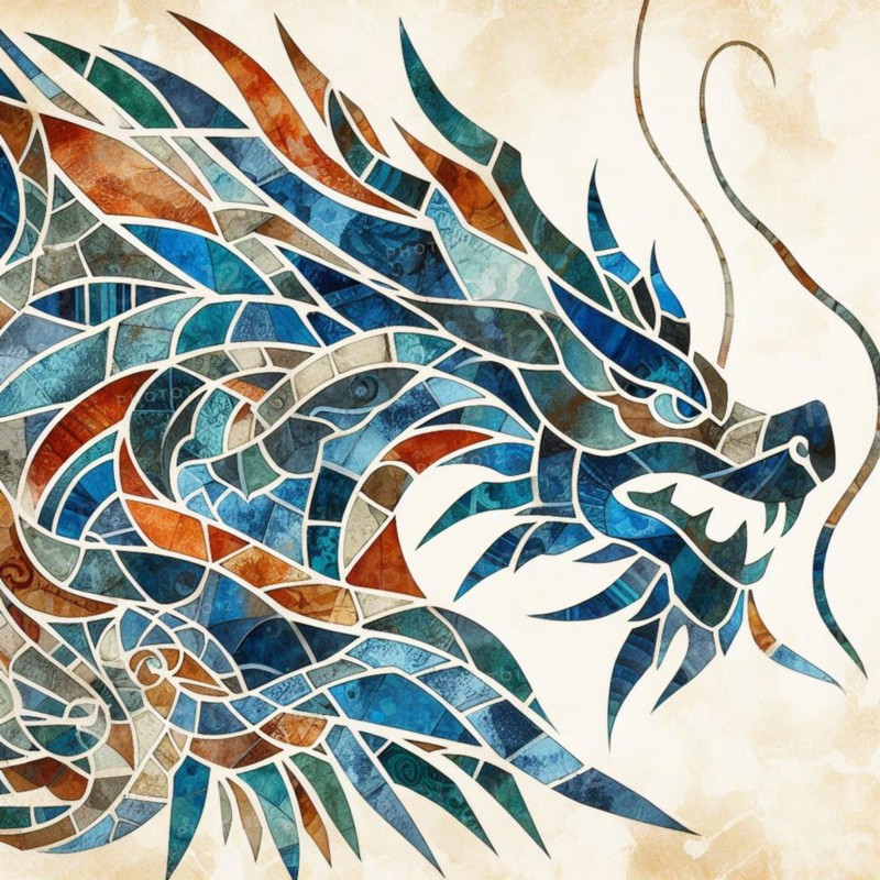 Fierce abstract mosaic of a dragon with geometric designs in cool and warm tones, square aspect, AI generated
