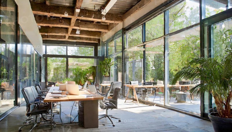 Open office concept with plenty of daylight and a mix of modern and natural elements, symbol office, AI generated, AI generated