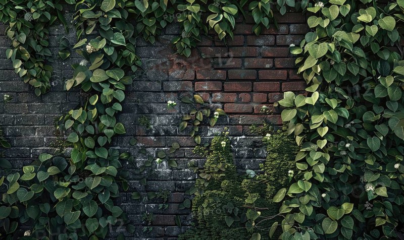 Aged brick wall partially covered by a dense growth of green ivy leaves AI generated
