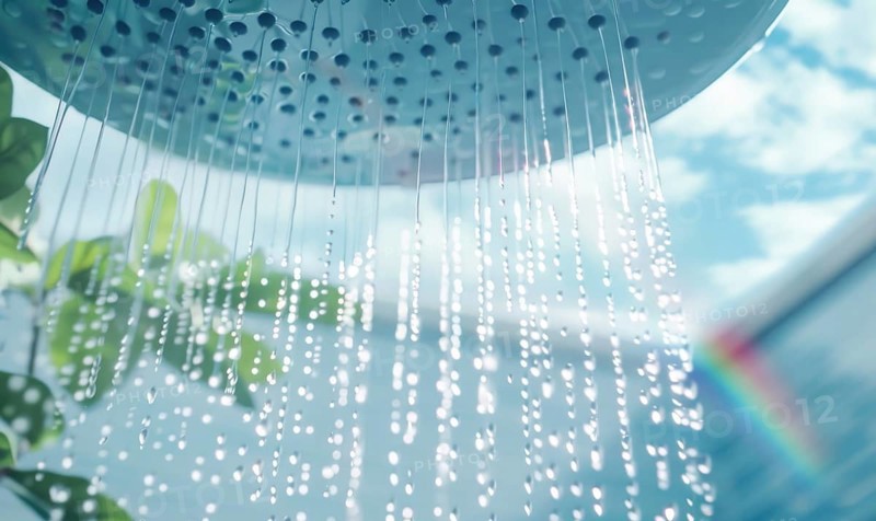 Water cascading from a showerhead with a subtle rainbow in the spray AI generated
