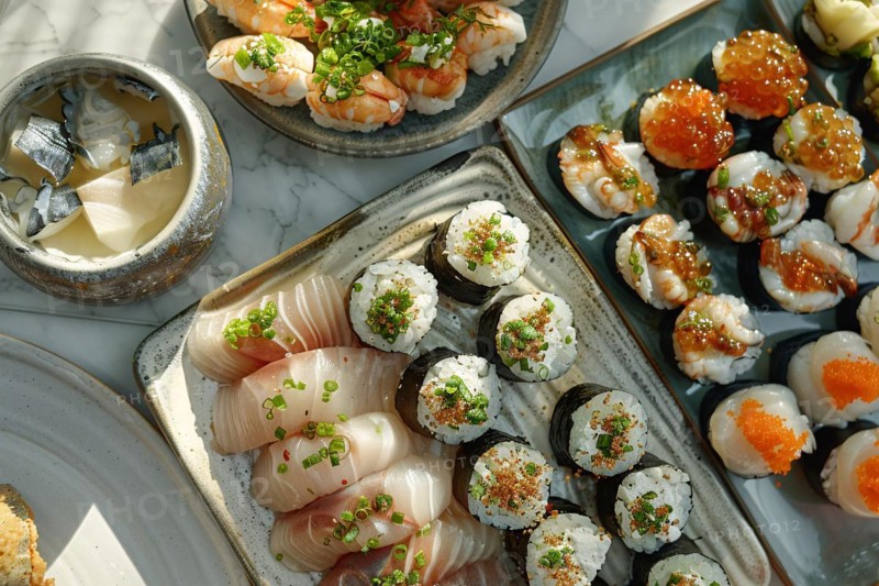 Assorted sushi platters with varied maki and nigiri selections, AI generated