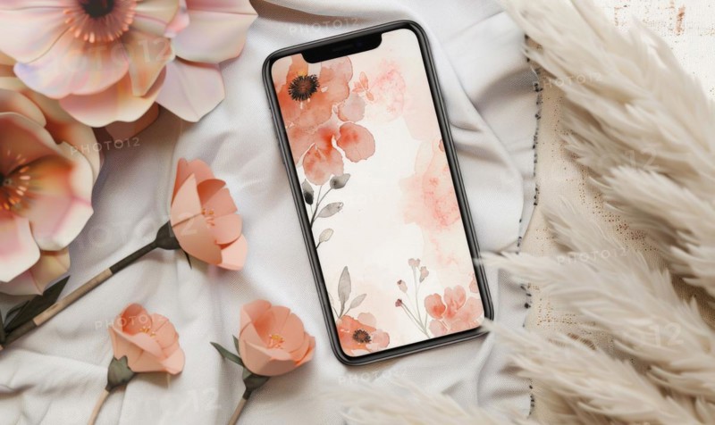 Smartphone mockup on watercolor floral patter AI generated