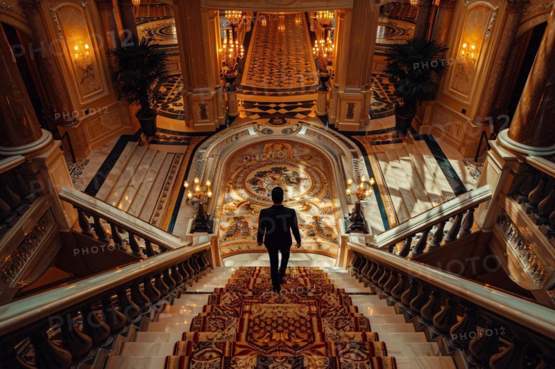 A man descending a grand, ornate staircase in a lavish setting, AI generated