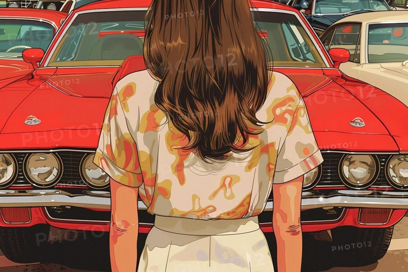 A woman seen from behind, reflecting on a shiny red vintage car, illustration, AI generated