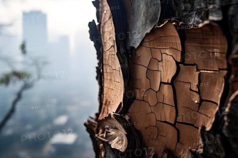 Tree barks texture cracked and dry juxtaposed with a faint city silhouette indicating climate change, AI generated