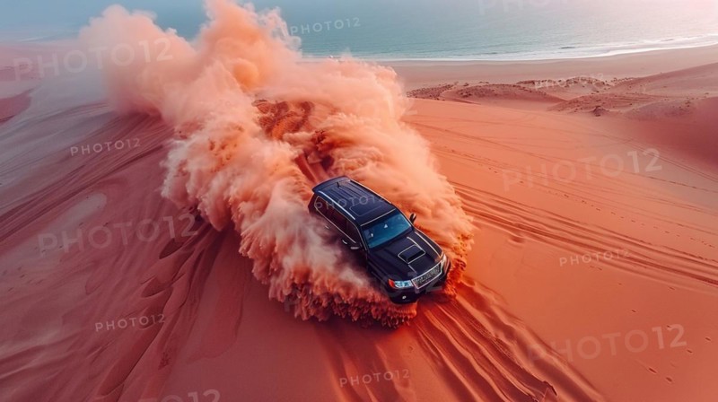 An SUV kicking up a cloud of sand while driving swiftly through a desert, ai generated, AI generated