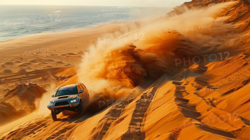 A speeding car creates a large dust cloud as it races across sand dunes, action sports photography, AI generated
