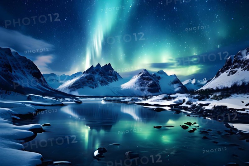 Northern lights reflecting on a serene fjords ice astral glow doubled in the glassy water, AI generated