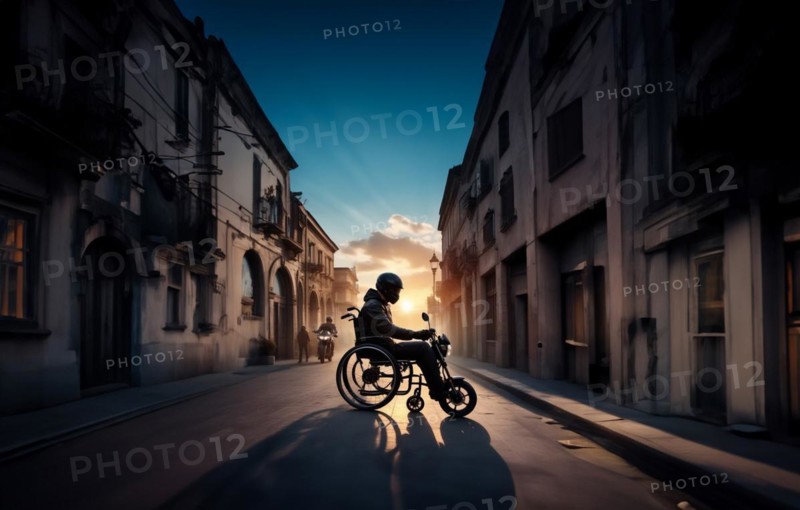 Concept of a wheelchair motorcyclist wearing a helmet. Injuries and deaths among motorcyclists, AI generated