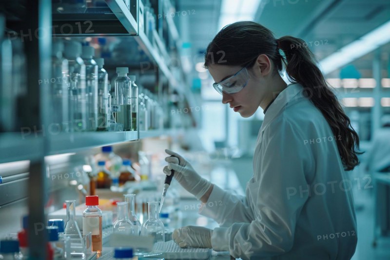 Focused female scientist conducting an experiment in a laboratory with blue lighting, AI generated